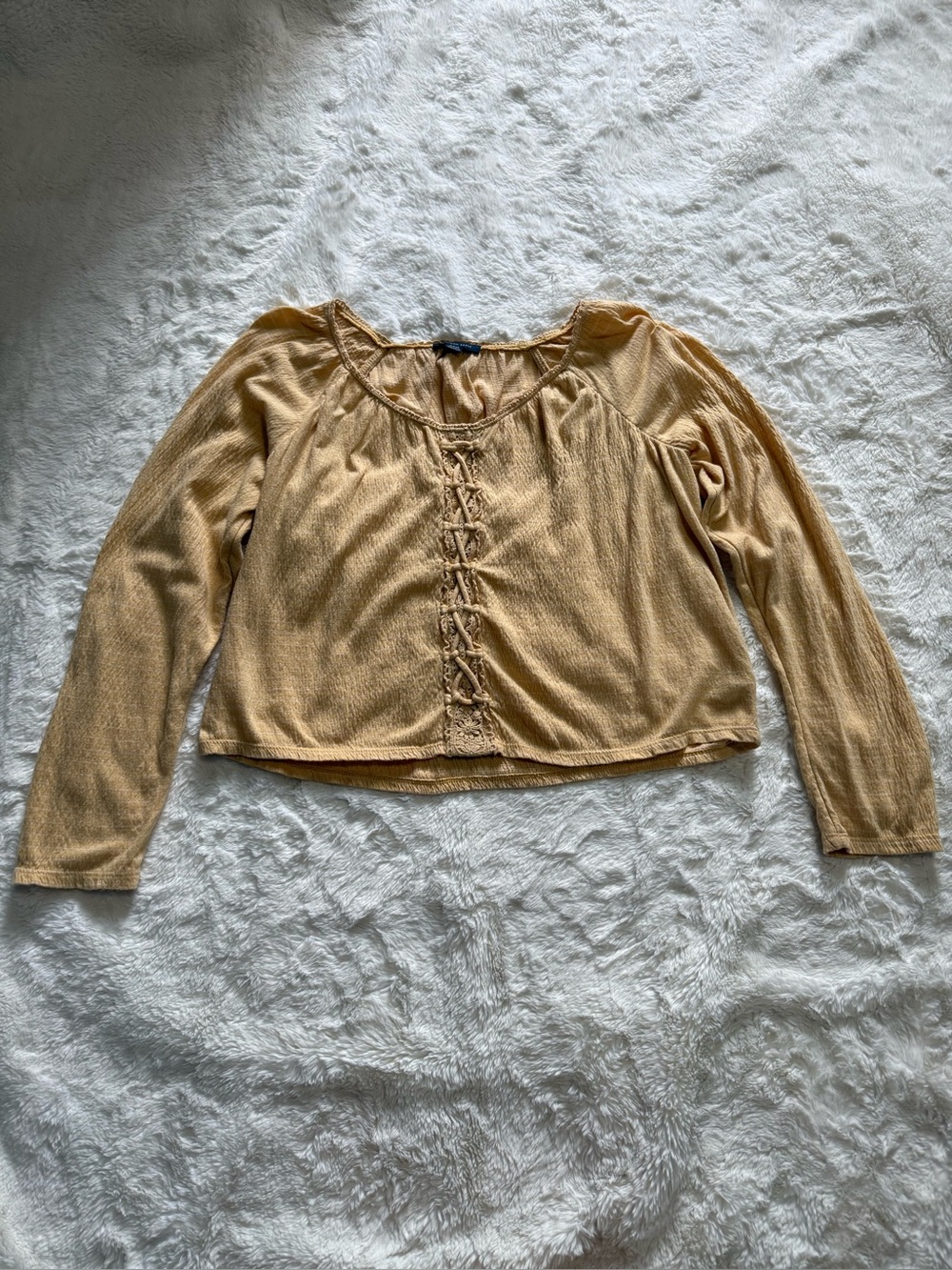 American Eagle Yellow Lace-Up Peasant Crop Top Blouse Size Small